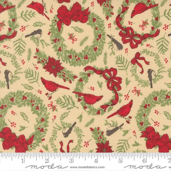 Image of Holiday Cheer Deck the Halls Natural quilting cotton fabric by Stacy Iest Hsu for Moda Fabrics. Features wreaths on a cream background. Cute Little Fabric Shop.