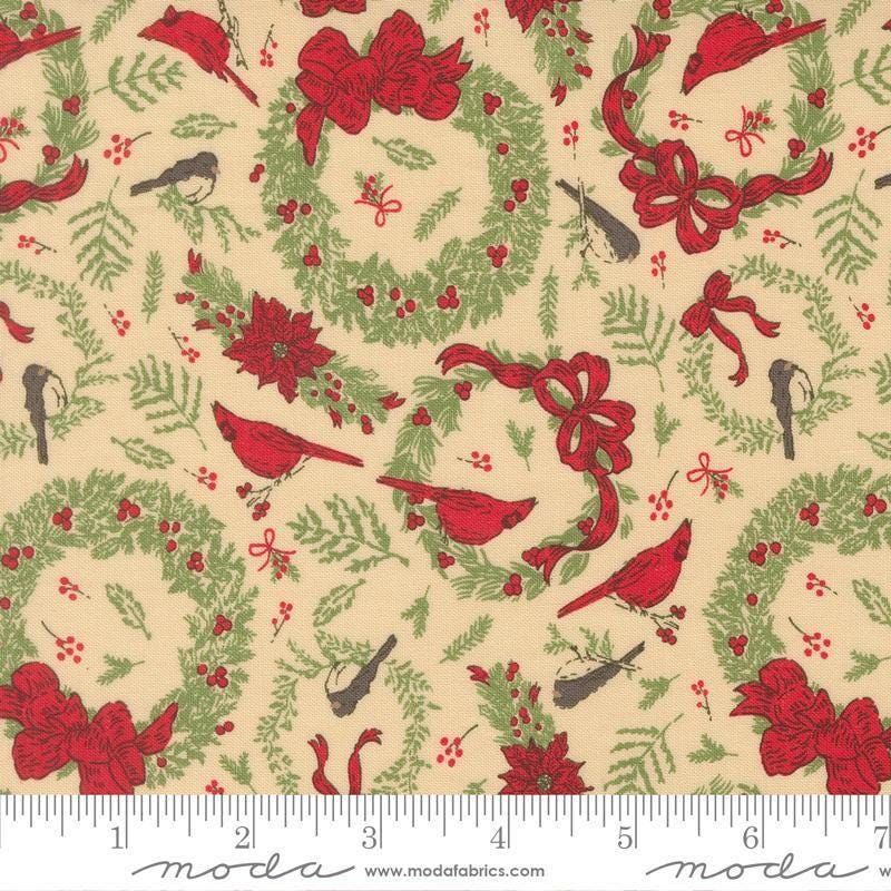 Image of Holiday Cheer Deck the Halls Natural quilting cotton fabric by Stacy Iest Hsu for Moda Fabrics. Features wreaths on a cream background. Cute Little Fabric Shop.