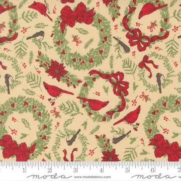 Image of Holiday Cheer Deck the Halls Natural quilting cotton fabric by Stacy Iest Hsu for Moda Fabrics. Features wreaths on a cream background. Cute Little Fabric Shop.