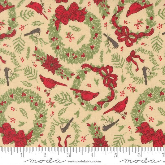 Image of Holiday Cheer Deck the Halls Natural quilting cotton fabric by Stacy Iest Hsu for Moda Fabrics. Features wreaths on a cream background. Cute Little Fabric Shop.