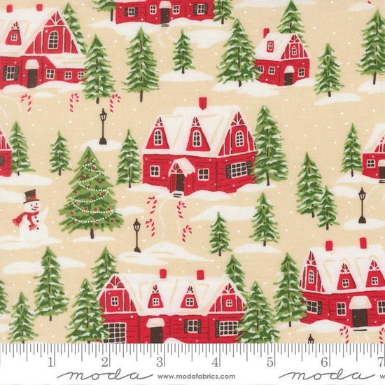 Image of Holiday Cheer Cardinals Village Natural quilting cotton fabric by Stacy Iest Hsu for Moda Fabrics. Features a village on a cream background. Cute Little Fabric Shop.