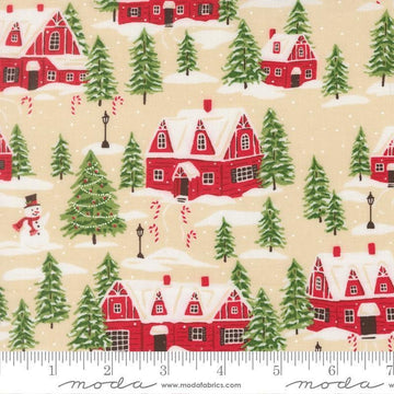 Image of Holiday Cheer Cardinals Village Natural quilting cotton fabric by Stacy Iest Hsu for Moda Fabrics. Features a village on a cream background. Cute Little Fabric Shop.