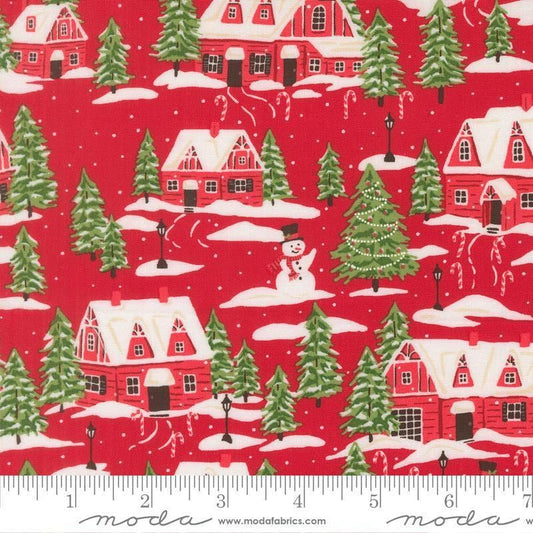 Image of Holiday Cheer Cardinals Village Poinsettia quilting cotton fabric by Stacy Iest Hsu for Moda Fabrics. Features a village on a red background. Cute Little Fabric Shop.