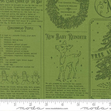 Image of Holiday Cheer North Pole News Mistletoe quilting cotton fabric by Stacy Iest Hsu for Moda Fabrics. Features words on a green background. Cute Little Fabric Shop.