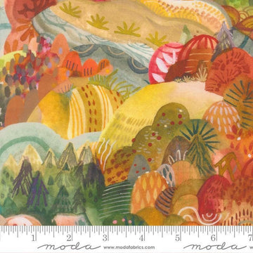 Image of Northern Brights Landscape Autumn quilting cotton fabric by Amarilys Henderson for Moda Fabrics. Features a landscape on a green and orange background. Cute Little Fabric Shop.