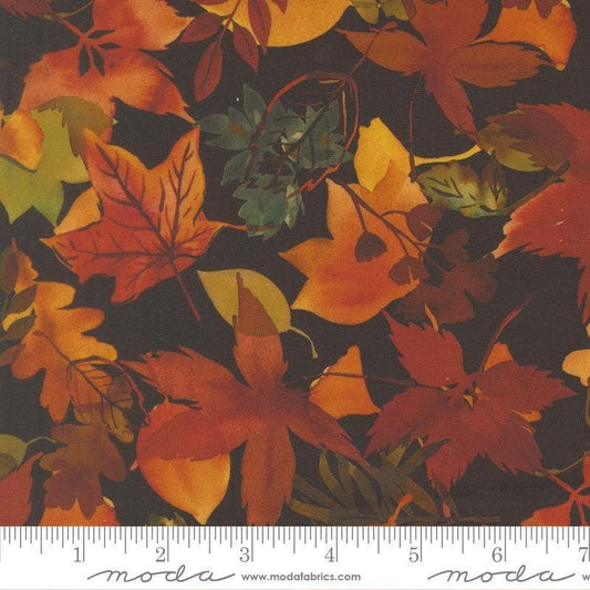 Image of Northern Brights Fallen Leaves Night Sky quilting cotton fabric by Amarilys Henderson for Moda Fabrics. Features leaves on a black background. Cute Little Fabric Shop.