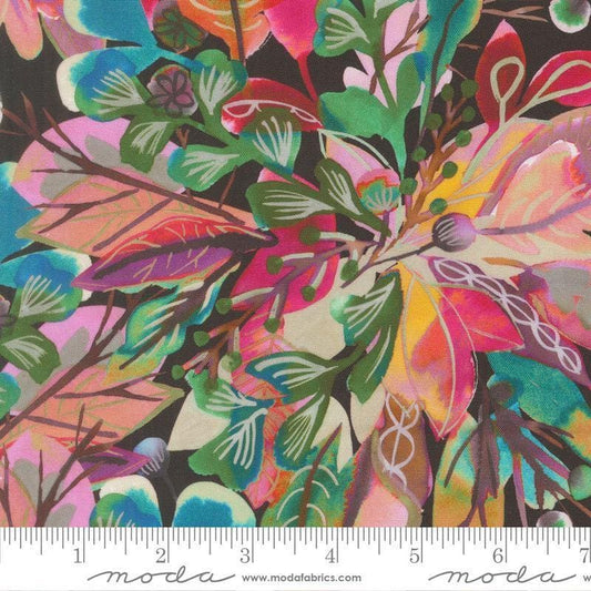 Image of Northern Brights Sagebrush Night Sky quilting cotton fabric by Amarilys Henderson for Moda Fabrics. Features leaves on a black background. Cute Little Fabric Shop.