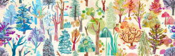 Image of Northern Brights Forest Seasons Cloud quilting cotton fabric by Amarilys Henderson for Moda Fabrics. Features trees on a cream background. Cute Little Fabric Shop.