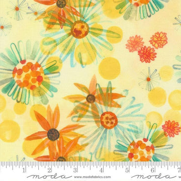 Image of Northern Brights Florals Sunshine quilting cotton fabric by Amarilys Henderson for Moda Fabrics. Features flowers on a yellow background. Cute Little Fabric Shop.