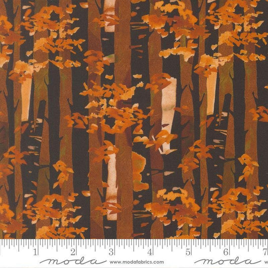Image of Northern Brights Birch Night Sky quilting cotton fabric by Amarilys Henderson for Moda Fabrics. Features trees on a black background. Cute Little Fabric Shop.