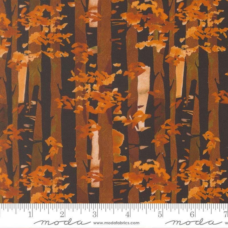 Image of Northern Brights Birch Night Sky quilting cotton fabric by Amarilys Henderson for Moda Fabrics. Features trees on a black background. Cute Little Fabric Shop.