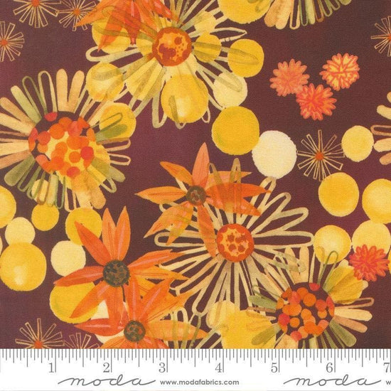 Image of Northern Brights Florals Woodsy quilting cotton fabric by Amarilys Henderson for Moda Fabrics. Features flowers on a brown background. Cute Little Fabric Shop.