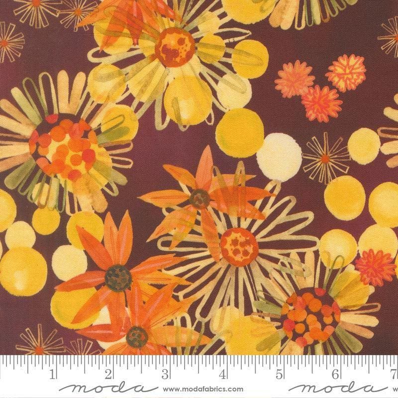 Image of Northern Brights Florals Woodsy quilting cotton fabric by Amarilys Henderson for Moda Fabrics. Features flowers on a brown background. Cute Little Fabric Shop.
