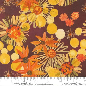 Image of Northern Brights Florals Woodsy quilting cotton fabric by Amarilys Henderson for Moda Fabrics. Features flowers on a brown background. Cute Little Fabric Shop.