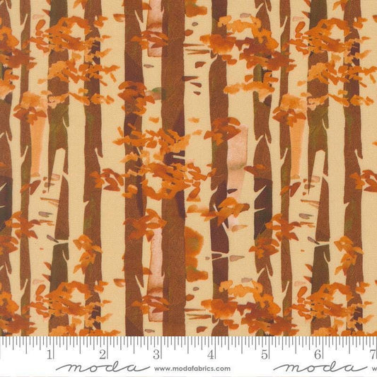 Image of Northern Brights Birch Cedar quilting cotton fabric by Amarilys Henderson for Moda Fabrics. Features trees on a brown background. Cute Little Fabric Shop.