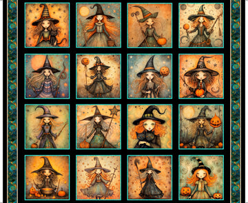 Witchypoo Witch Picture Patches Panel Black Halloween Fabric - 31934 - QT Fabrics Quilting Cotton Fabric