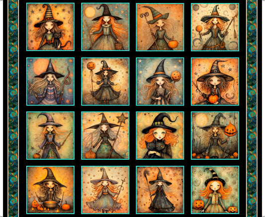 Witchypoo Witch Picture Patches Panel Black Halloween Fabric - 31934 - QT Fabrics Quilting Cotton Fabric