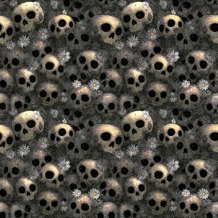 Image of Witchypoo Skulls Smokes quilting cotton fabric by Morris Creative Group for QT Fabrics. Features skulls on a black background. Cute Little Fabric Shop.