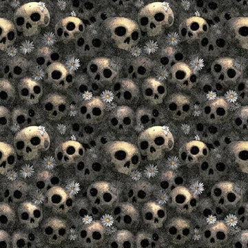Image of Witchypoo Skulls Smokes quilting cotton fabric by Morris Creative Group for QT Fabrics. Features skulls on a black background. Cute Little Fabric Shop.