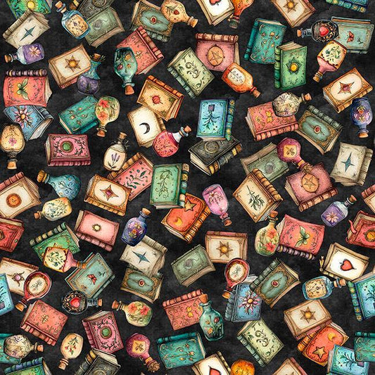 Image of Witchypoo Book Toss Black quilting cotton fabric by Morris Creative Group for QT Fabrics. Features books on a black background. Cute Little Fabric Shop.