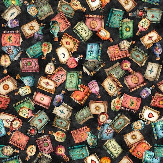 Image of Witchypoo Book Toss Black quilting cotton fabric by Morris Creative Group for QT Fabrics. Features books on a black background. Cute Little Fabric Shop.