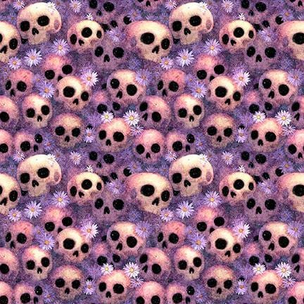 Image of Witchypoo Skulls Purple quilting cotton fabric by Morris Creative Group for QT Fabrics. Features skulls on a purple background. Cute Little Fabric Shop.