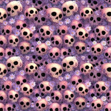 Image of Witchypoo Skulls Purple quilting cotton fabric by Morris Creative Group for QT Fabrics. Features skulls on a purple background. Cute Little Fabric Shop.