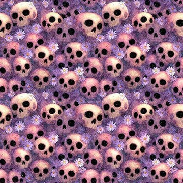 Image of Witchypoo Skulls Purple quilting cotton fabric by Morris Creative Group for QT Fabrics. Features skulls on a purple background. Cute Little Fabric Shop.