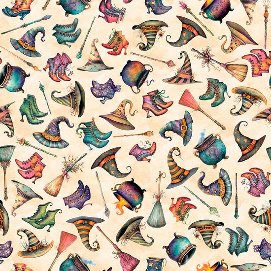 Image of Witchypoo Witch Accessories Tan quilting cotton fabric by Morris Creative Group for QT Fabrics. Features witch accessories on a cream background. Cute Little Fabric Shop.