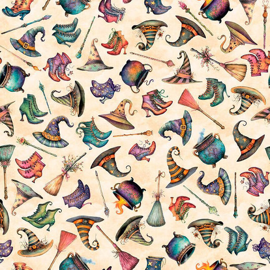 Image of Witchypoo Witch Accessories Tan quilting cotton fabric by Morris Creative Group for QT Fabrics. Features witch accessories on a cream background. Cute Little Fabric Shop.