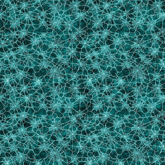 Image of Witchypoo Spiderwebs Teal quilting cotton fabric by Morris Creative Group for QT Fabrics. Features spiderwebs on a blue background. Cute Little Fabric Shop.