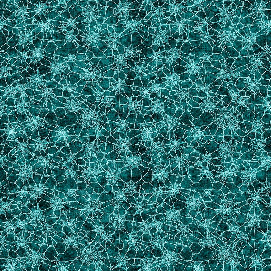 Image of Witchypoo Spiderwebs Teal quilting cotton fabric by Morris Creative Group for QT Fabrics. Features spiderwebs on a blue background. Cute Little Fabric Shop.