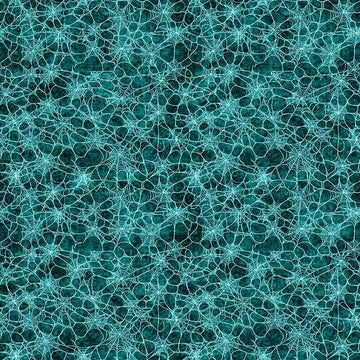 Image of Witchypoo Spiderwebs Teal quilting cotton fabric by Morris Creative Group for QT Fabrics. Features spiderwebs on a blue background. Cute Little Fabric Shop.