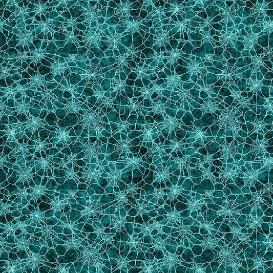 Image of Witchypoo Spiderwebs Teal quilting cotton fabric by Morris Creative Group for QT Fabrics. Features spiderwebs on a blue background. Cute Little Fabric Shop.