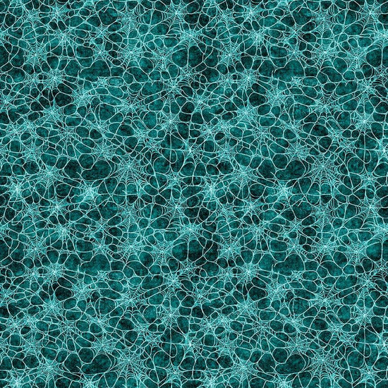 Image of Witchypoo Spiderwebs Teal quilting cotton fabric by Morris Creative Group for QT Fabrics. Features spiderwebs on a blue background. Cute Little Fabric Shop.