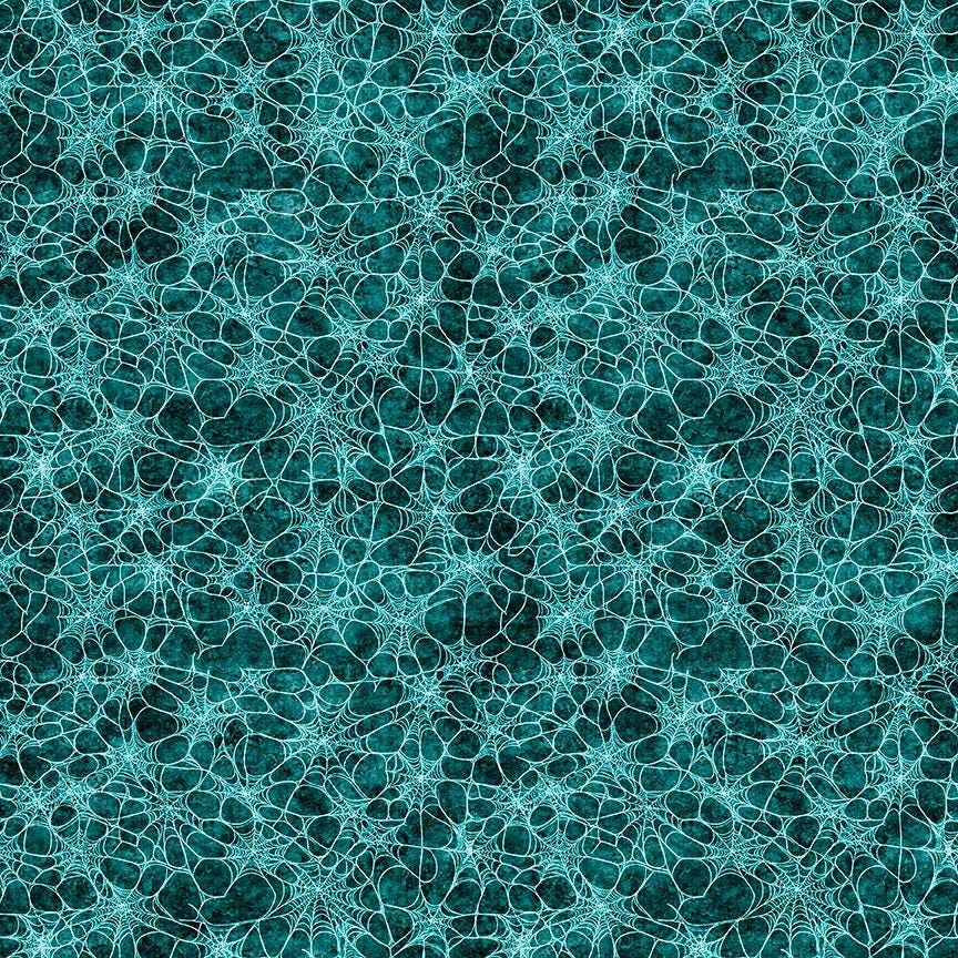 Image of Witchypoo Spiderwebs Teal quilting cotton fabric by Morris Creative Group for QT Fabrics. Features spiderwebs on a blue background. Cute Little Fabric Shop.