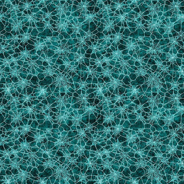 Image of Witchypoo Spiderwebs Teal quilting cotton fabric by Morris Creative Group for QT Fabrics. Features spiderwebs on a blue background. Cute Little Fabric Shop.