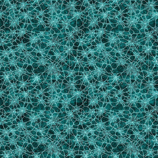Image of Witchypoo Spiderwebs Teal quilting cotton fabric by Morris Creative Group for QT Fabrics. Features spiderwebs on a blue background. Cute Little Fabric Shop.