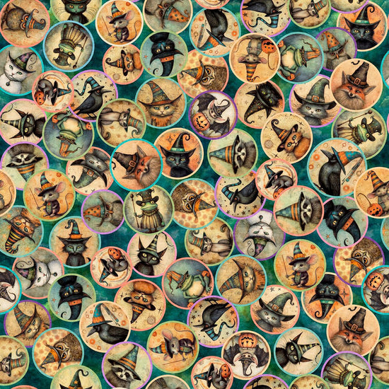 Image of Witchypoo Animal Witches Medallions Teal quilting cotton fabric by Morris Creative Group for QT Fabrics. Features animals and witches on a blue background. Cute Little Fabric Shop.
