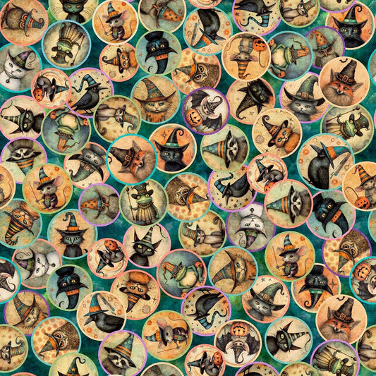Image of Witchypoo Animal Witches Medallions Teal quilting cotton fabric by Morris Creative Group for QT Fabrics. Features animals and witches on a blue background. Cute Little Fabric Shop.