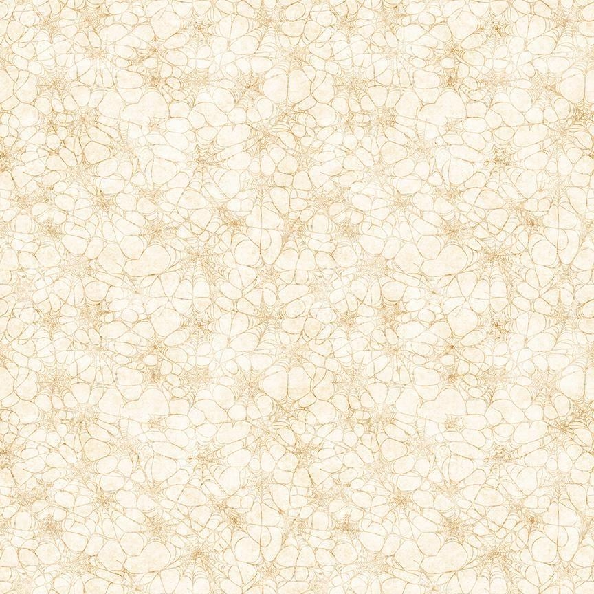 Image of Witchypoo Spiderwebs Tan quilting cotton fabric by Morris Creative Group for QT Fabrics. Features spiderwebs on a cream background. Cute Little Fabric Shop.