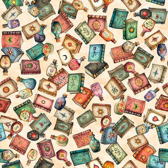 Image of Witchypoo Book Toss Tan quilting cotton fabric by Morris Creative Group for QT Fabrics. Features books on a cream background. Cute Little Fabric Shop.