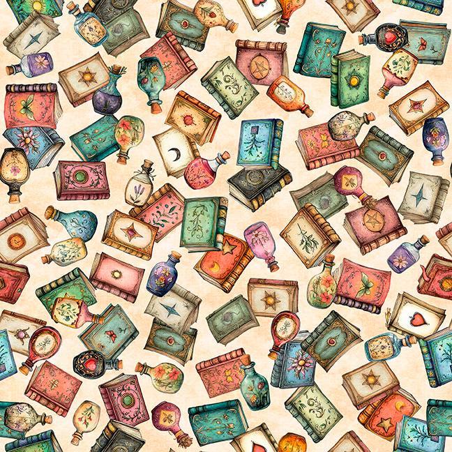 Image of Witchypoo Book Toss Tan quilting cotton fabric by Morris Creative Group for QT Fabrics. Features books on a cream background. Cute Little Fabric Shop.