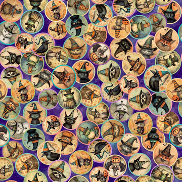 Image of Witchypoo Animal Witches Medallions Purple quilting cotton fabric by Morris Creative Group for QT Fabrics. Features animals and witches on a purple background. Cute Little Fabric Shop.