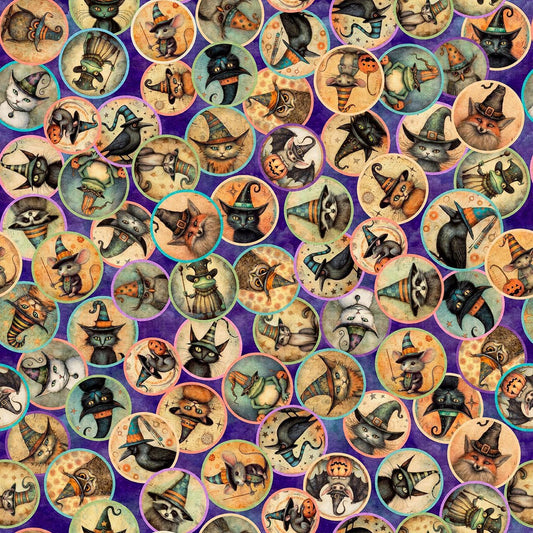 Image of Witchypoo Animal Witches Medallions Purple quilting cotton fabric by Morris Creative Group for QT Fabrics. Features animals and witches on a purple background. Cute Little Fabric Shop.