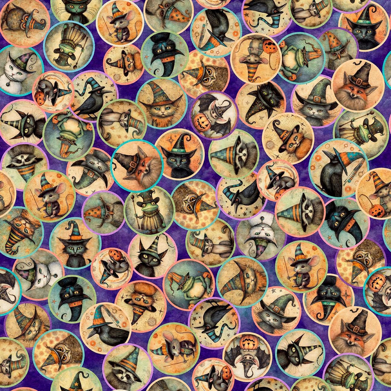 Image of Witchypoo Animal Witches Medallions Purple quilting cotton fabric by Morris Creative Group for QT Fabrics. Features animals and witches on a purple background. Cute Little Fabric Shop.
