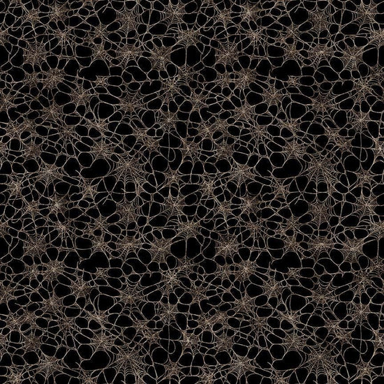 Image of Witchypoo Spiderwebs Charcoal quilting cotton fabric by Morris Creative Group for QT Fabrics. Features spiderwebs on a black background. Cute Little Fabric Shop.