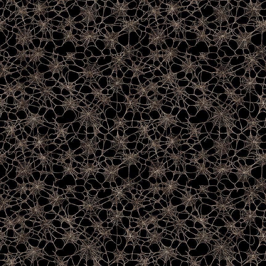 Image of Witchypoo Spiderwebs Charcoal quilting cotton fabric by Morris Creative Group for QT Fabrics. Features spiderwebs on a black background. Cute Little Fabric Shop.