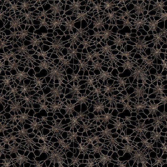 Image of Witchypoo Spiderwebs Charcoal quilting cotton fabric by Morris Creative Group for QT Fabrics. Features spiderwebs on a black background. Cute Little Fabric Shop.