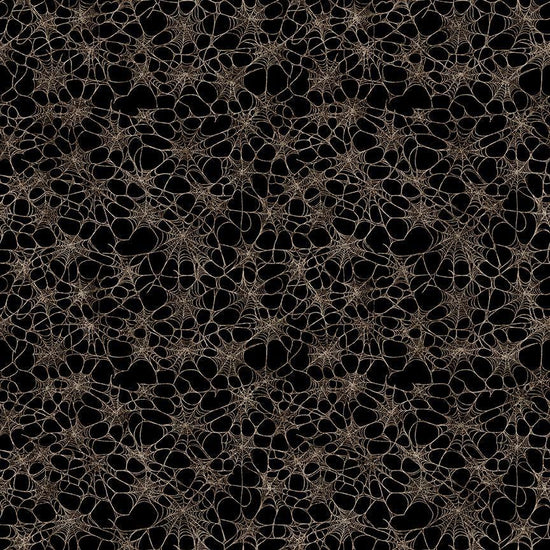 Image of Witchypoo Spiderwebs Charcoal quilting cotton fabric by Morris Creative Group for QT Fabrics. Features spiderwebs on a black background. Cute Little Fabric Shop.